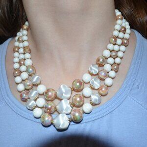 3 Strings Necklace Adjusting Fastener Tan-White Acrylic Beads